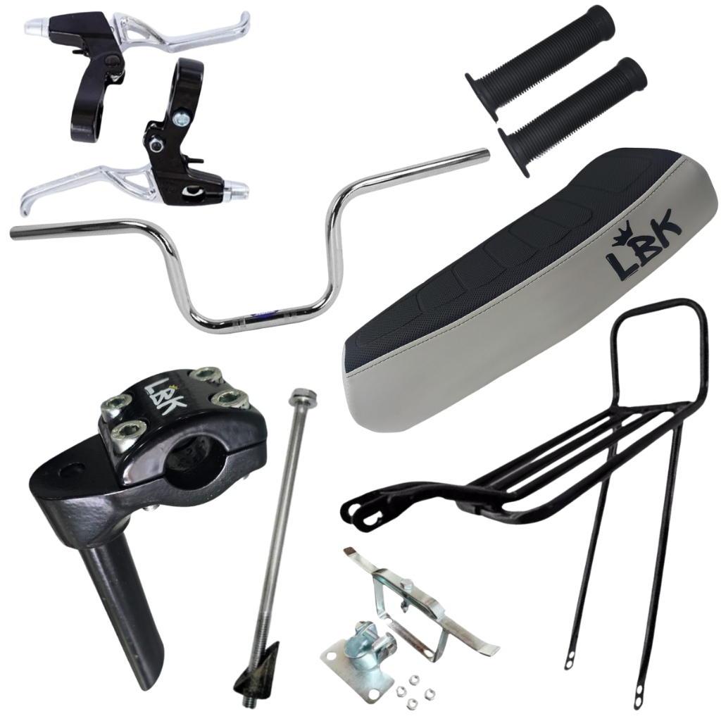 Kit Montadinha Lbk Completo Guidão 160 Mesa Suporte Manete Manopla Banco Branco Bagageiro Rabetão aro 20 aro 24 aro 26