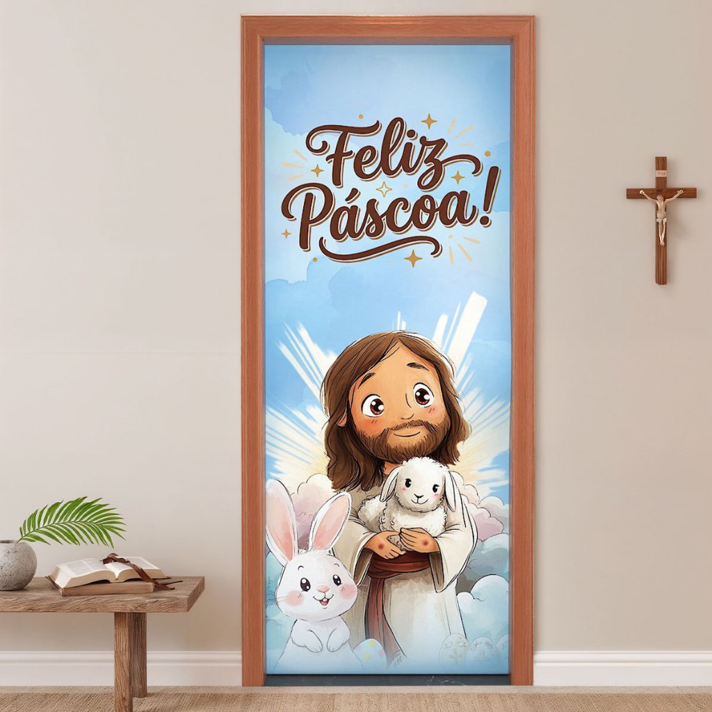 Capa de Porta Feliz Páscoa Decoração Em Tecido 0,80x2,10m Sublimado Veste Fácil