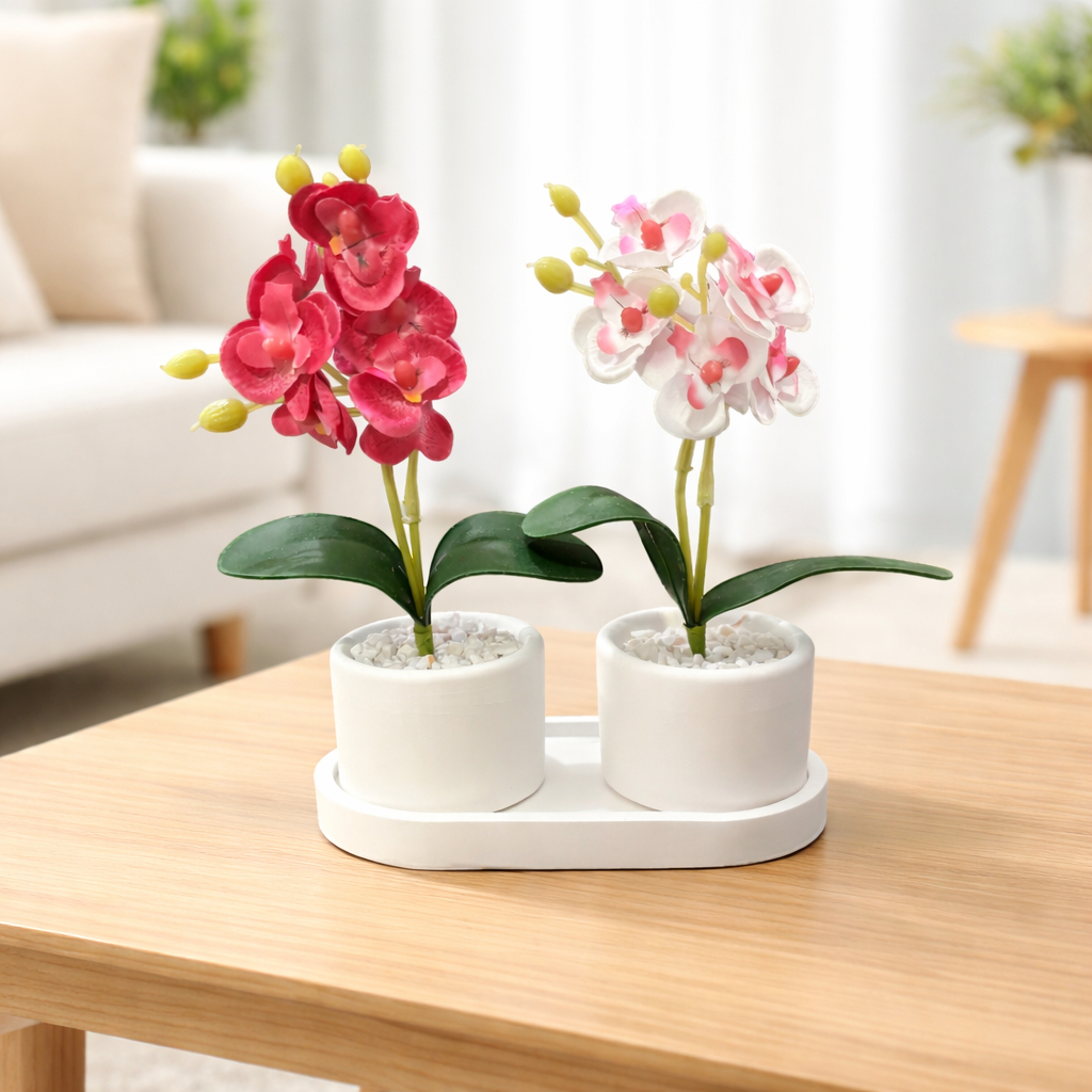 Kit 2 Vasos e Orquídeas Artificias com Bandeja Branco para Sala, Escritório, Casa, Apartamento Decoração em Oferta na Shopee