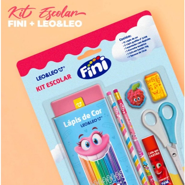 Kit Material Escolar Leo&leo Fini 7 Peças 12 Lápis De Cor Lapis Borracha Apontador Tesoura Cola Colorir