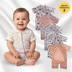 Kit 3 Macacão Estampado Menina Curto Ziper Bebê Algodão Verão Infantil Macio Macacão Feminino