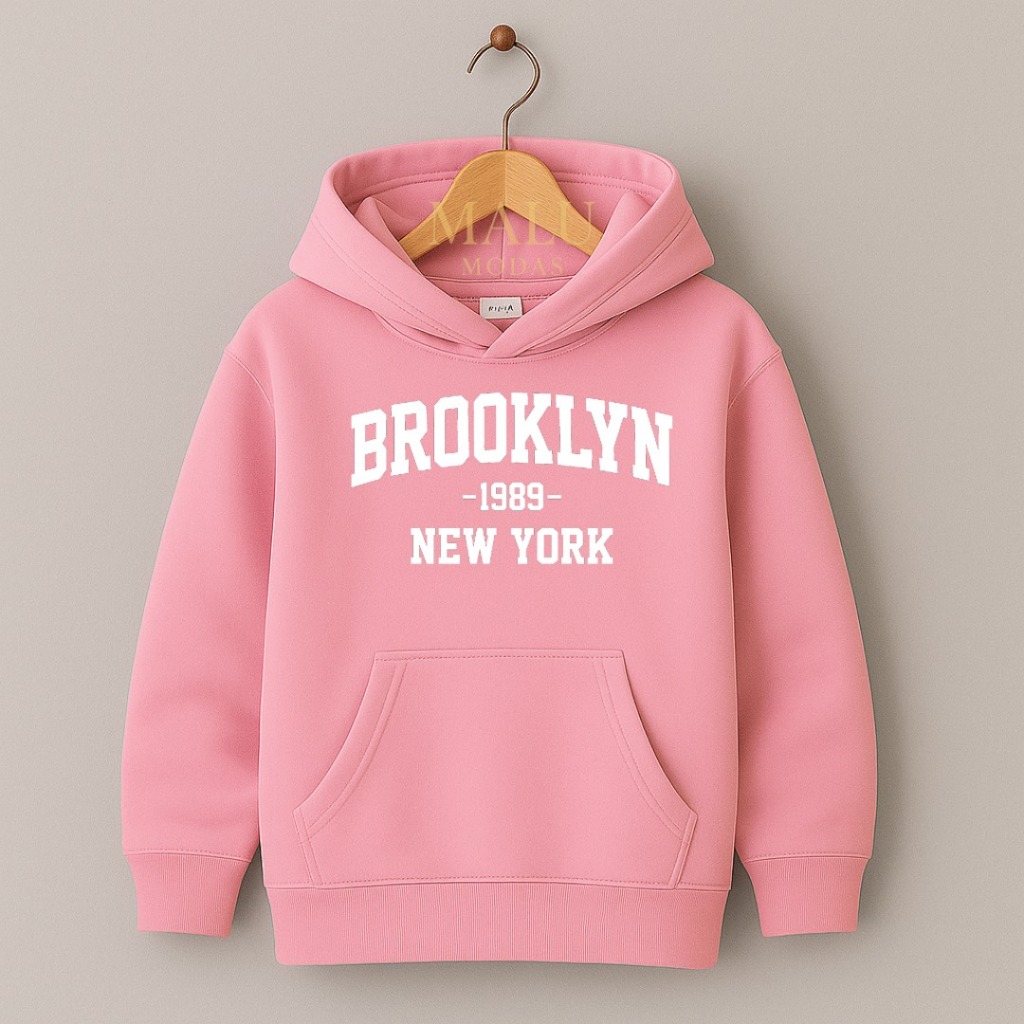 Moletom Infantil Flanelado Estampado "Brooklyn" Blusa de Frio com Capuz e Bolso Canguru Algodão