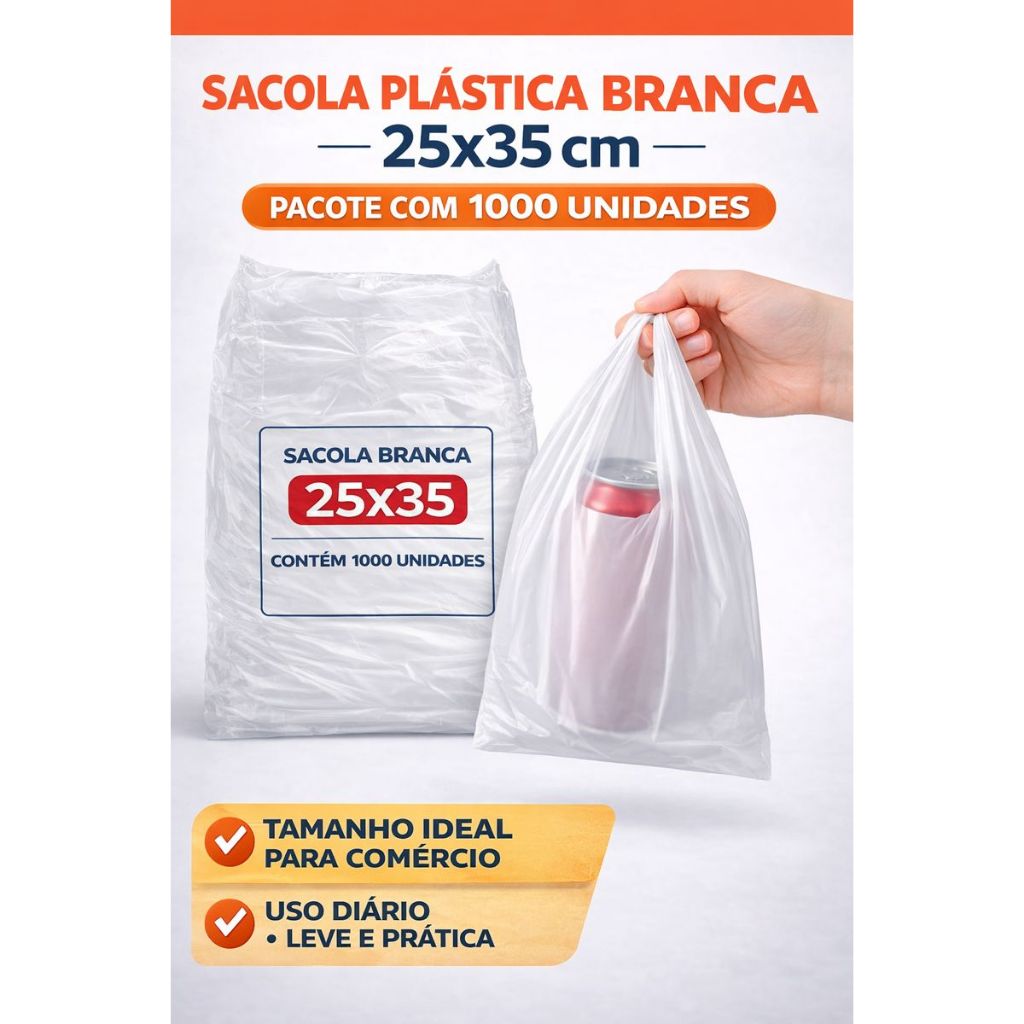 1000 Sacolas Plásticas Brancas PEAD Virgem Econômica Grande Sacola Mercado Sacola De Compras