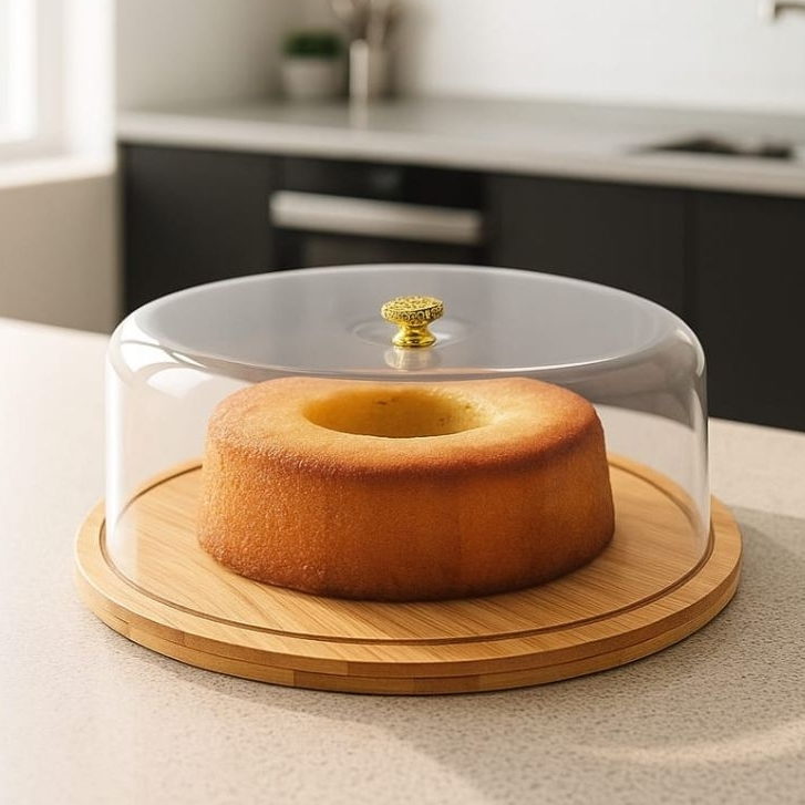 Boleira Bambu Com Tampa Em Acrílico Porta Pão Queijo 28cm Grande Queijeira Puxador Dourado