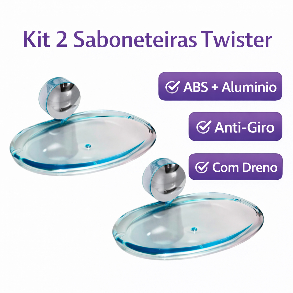 Kit 2 Saboneteiras de Parede Twister – ABS Resistente e Alumínio Anodizado – Com Dreno – Anti-Giro