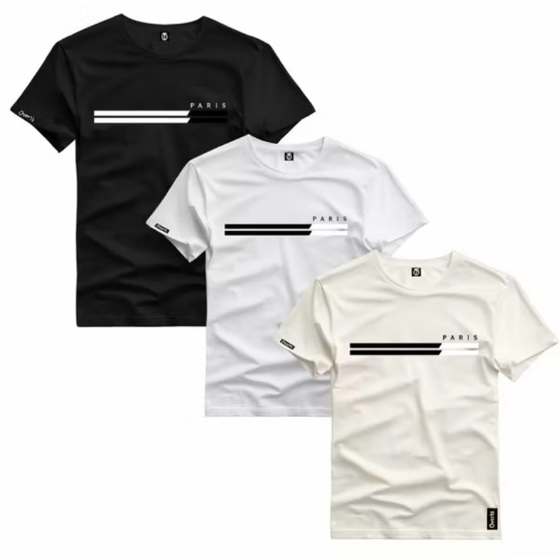 Kit 3 Camiseta Masculina Estampada Paris Duas Listras Style Tendencia Top Camiseta Malha Algodao