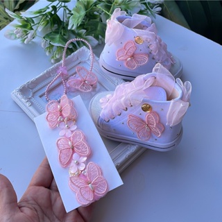 Kit Tênis Menina Jardim das Borboletas Rosa Sapatinho + Prendedor Chupeta Laço Decorado Presilha ou Tênis em Oferta na Shopee