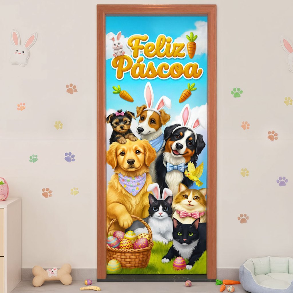 Capa de Porta Páscoa Decoração Pet Shop Em Tecido Sublimado Veste Fácil 0,80x2,10m
