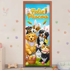 Capa de Porta Páscoa Decoração Pet Shop Em Tecido Sublimado Veste Fácil 0,80x2,10m