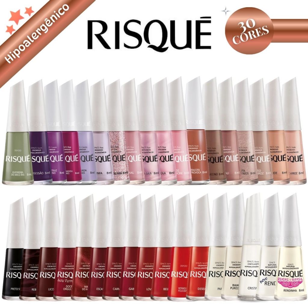 Esmalte Risqué kit com 30 cores sortidas Hipoalergenico sem repetição em Oferta na Shopee