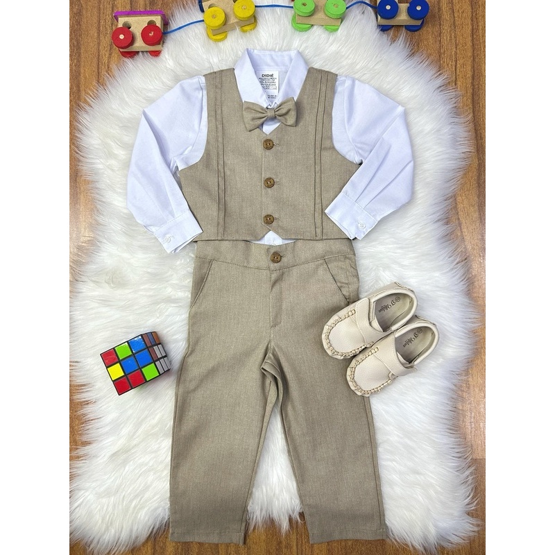 Conjunto Social Menino Colete Calça Gravata Borboleta Creme Caqui Festa Pajem Luxo Bebê Juvenil