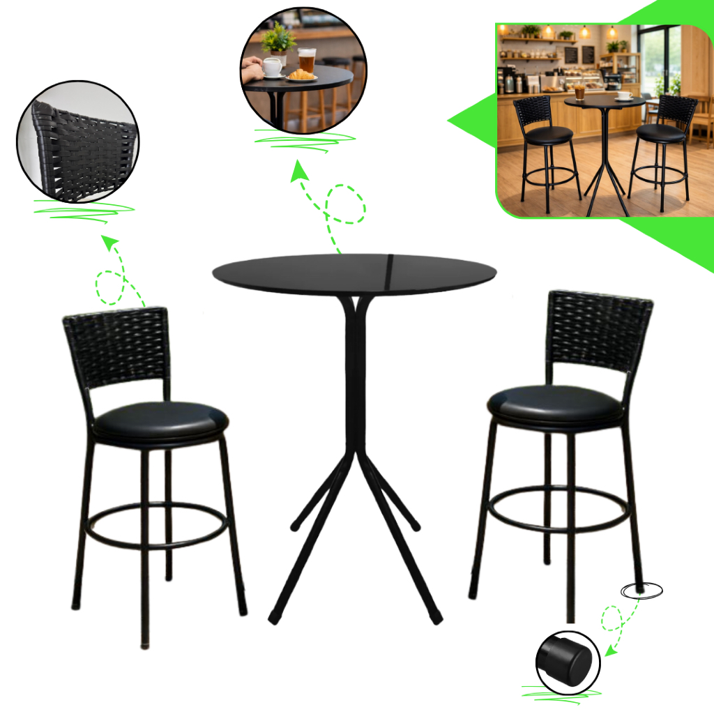 Banquetas Sofisticada Junco Baixa Kit C/2 + Mesa Bistro Luxo Moderna Areas Gourmet Bar Cozinha