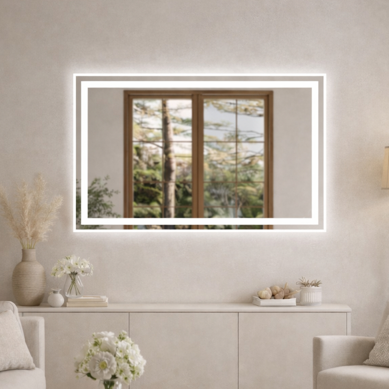 Espelho Grande Retangular Com Led Jateado e touch 80X50 Ideal Para Banheiro Lavabo e Penteadeira de Maquiagem