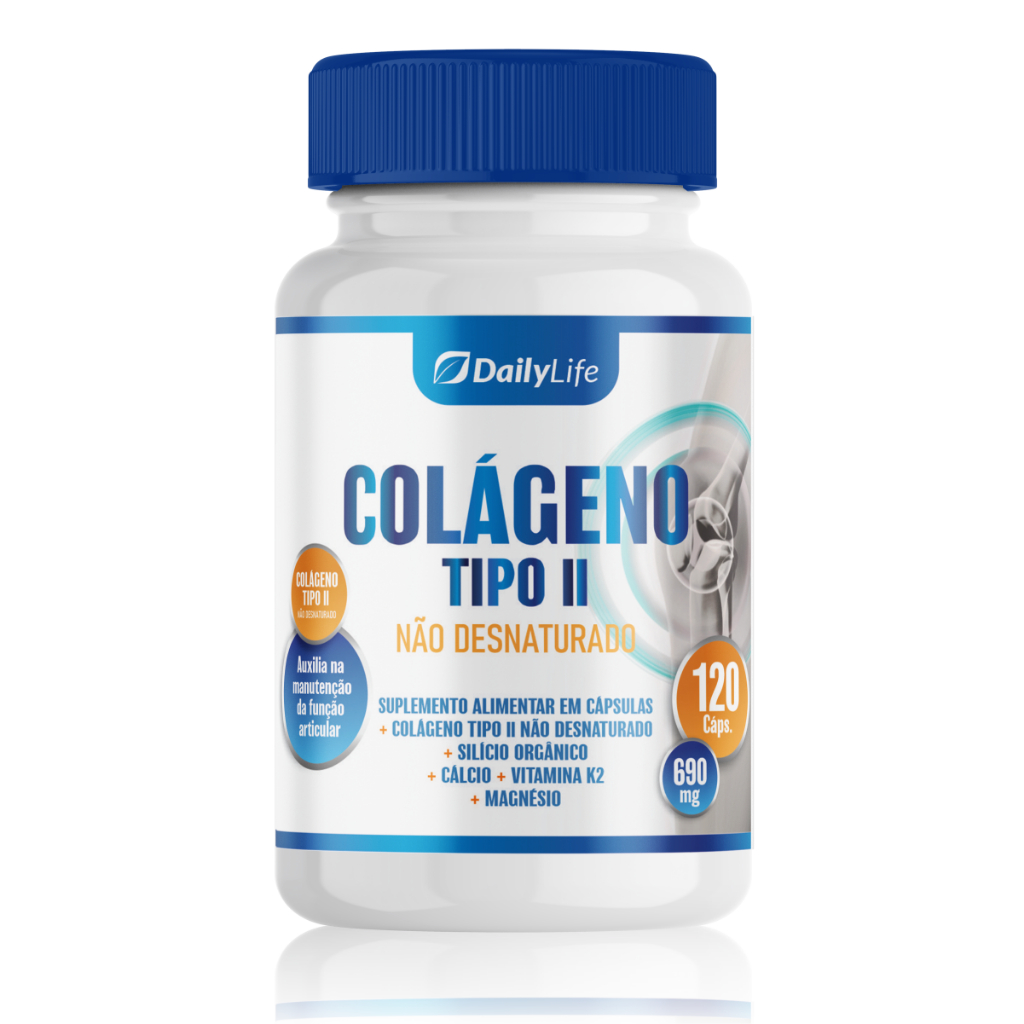 Colágeno Tipo II com Vitamina K Cálcio e Magnésio 120 Cápsulas 690 mg Saúde Articular Daily Life