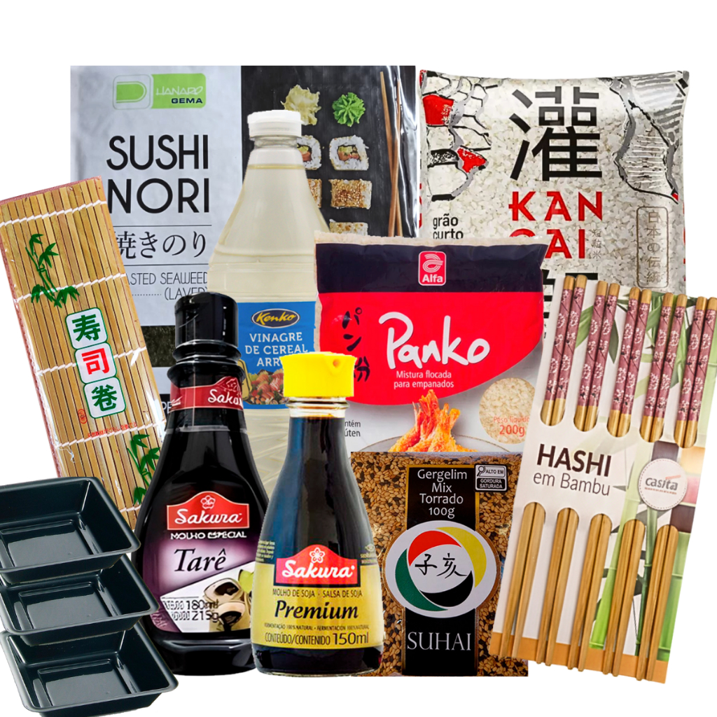Kit Sushi Hot Holl Arroz Grão Curto Alga 10folhas Shoyu 150ml Molho Tarê Farinha Panko 200g em Oferta na Shopee