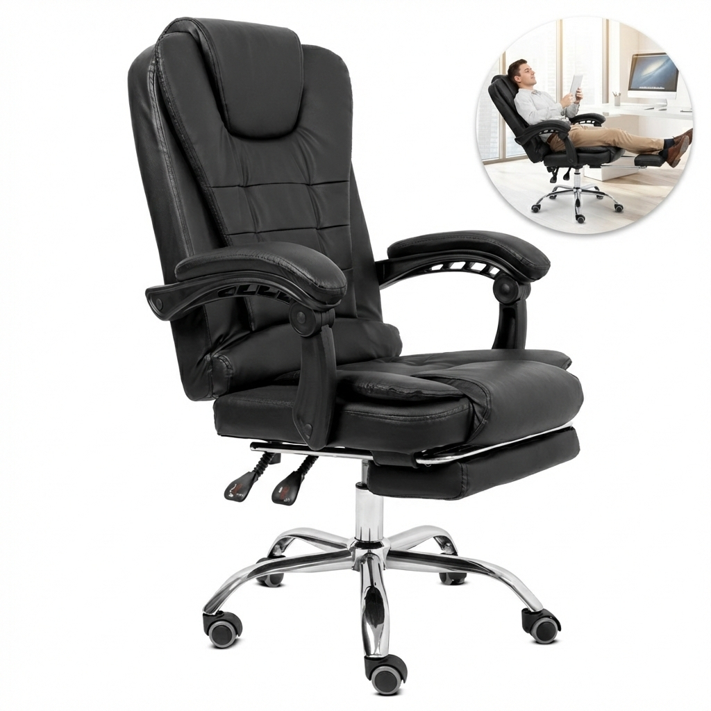 Cadeira de Escritório Presidente, Cadeira de Home Office com Apoio para os Pés e Encosto Ajustável Ornnament Roma Preta