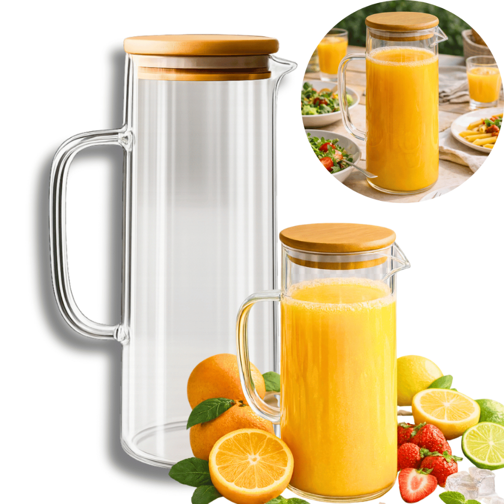 Jarra De Vidro Com Tampa De Bambu Para Servir Suco Água 1000ml