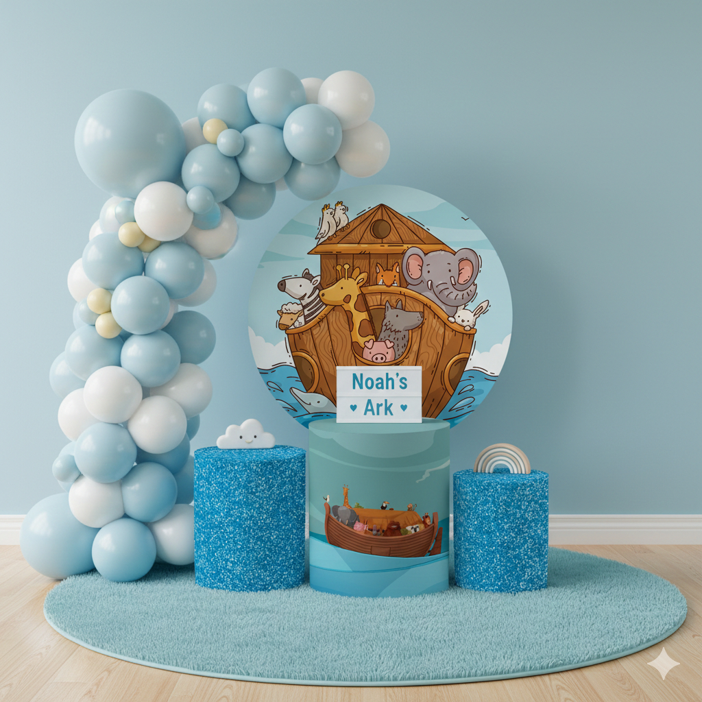 Kit de Capas Painel Redondo+ Capas de Cilindros Festa Infantil Arca de Noé Safari Animais Cute