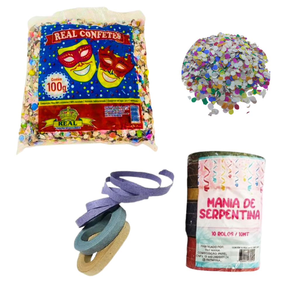 KIT CONFETE E SERPENTINA 100G DE CONFETE E 10 ROLOS SERPENTINAS KIT CARNAVAL KIT FOLIA CARNAVALESCA.