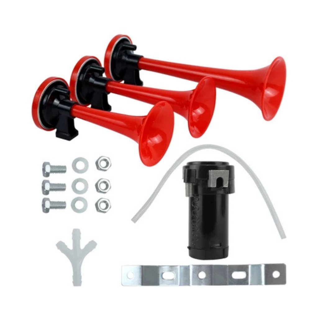 Buzina Ar Pneumática 3 Cornetas Ar Comprimido Verdureiro Com Compressor Vermelha Universal