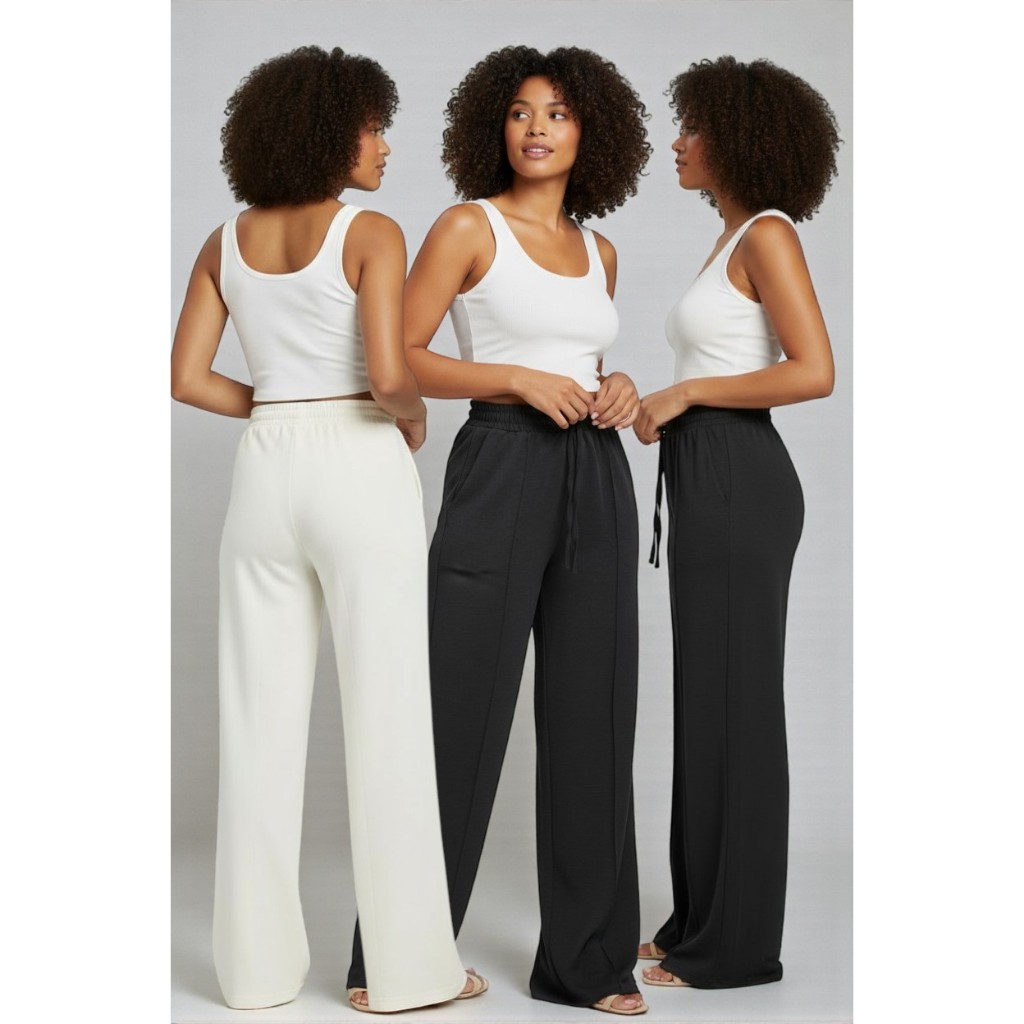 Kit 3 Calça Wide Leg Feminina Tecido Duna Pantalona Moderna com Bolsos em Oferta na Shopee