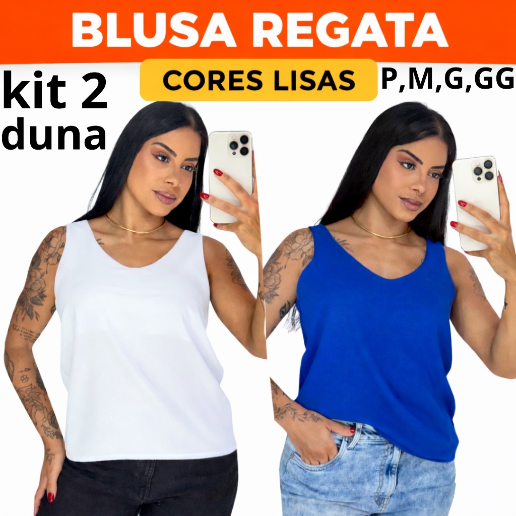 KIT 2  Blusa Regata Feminina Elegante Tecido Duna Lisa Básica Alça Larga Grossa Confortável Casual