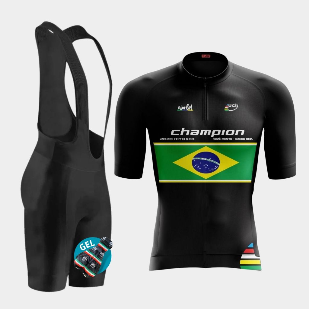 Conjunto de Ciclismo Masculino Brasil Champion Camisa Bretelle Way