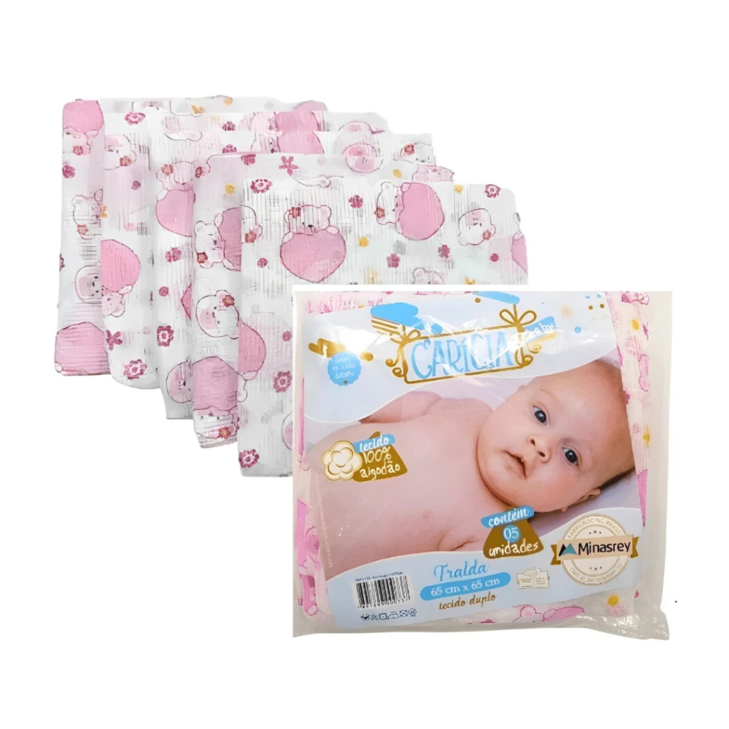 Kit com 15 Unidades Fralda de Pano Bebê 60cm x 60cm 100% algodão Minasrey Pacote — imagem 2 de 2