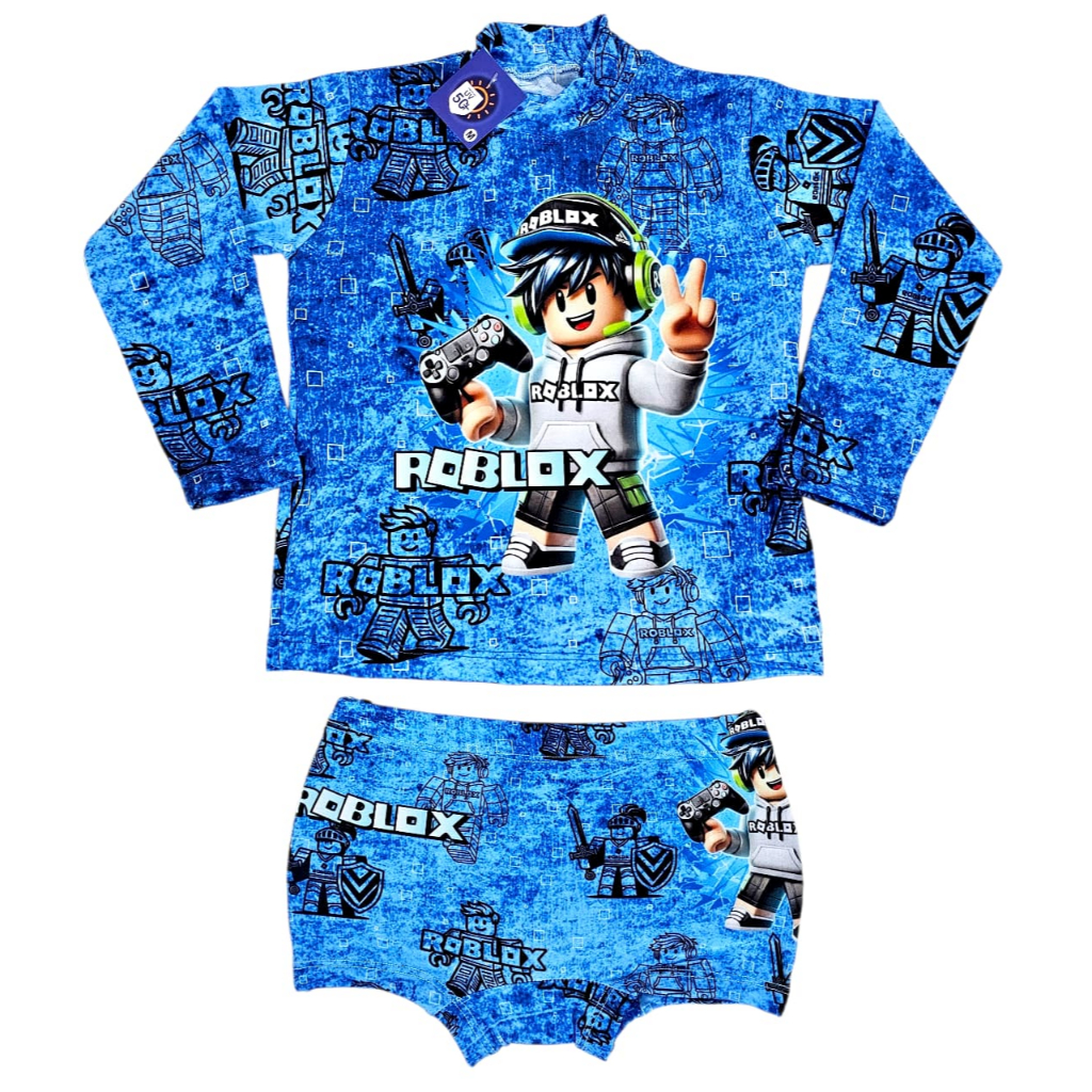 Conjunto UV proteção solar Camisa sunga piscina praia infantil Roblox em Oferta na Shopee