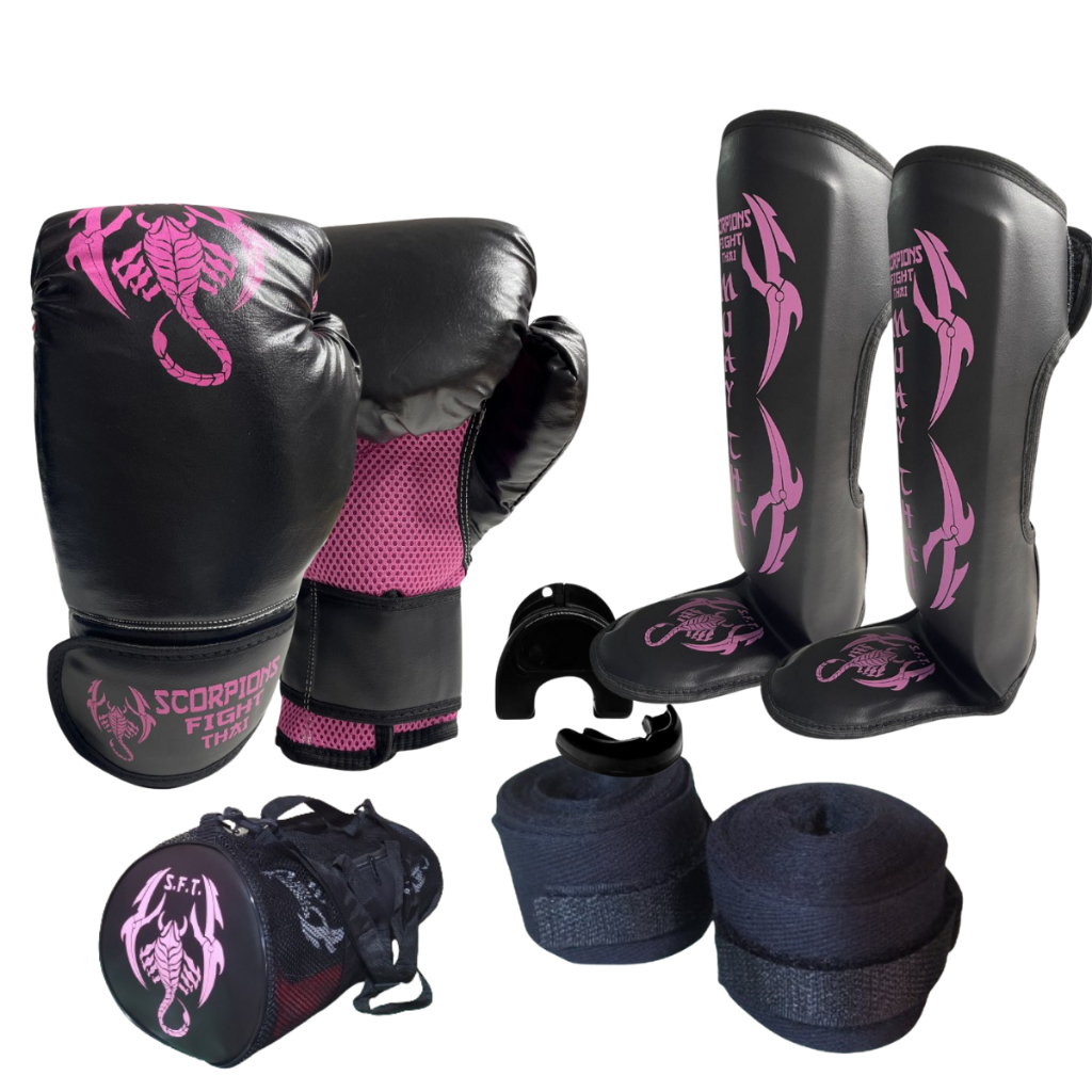 Kit Muay Thai Boxe Kickboxing Luva + Caneleira+Bolsa+Bucal+ bandagem em Oferta na Shopee