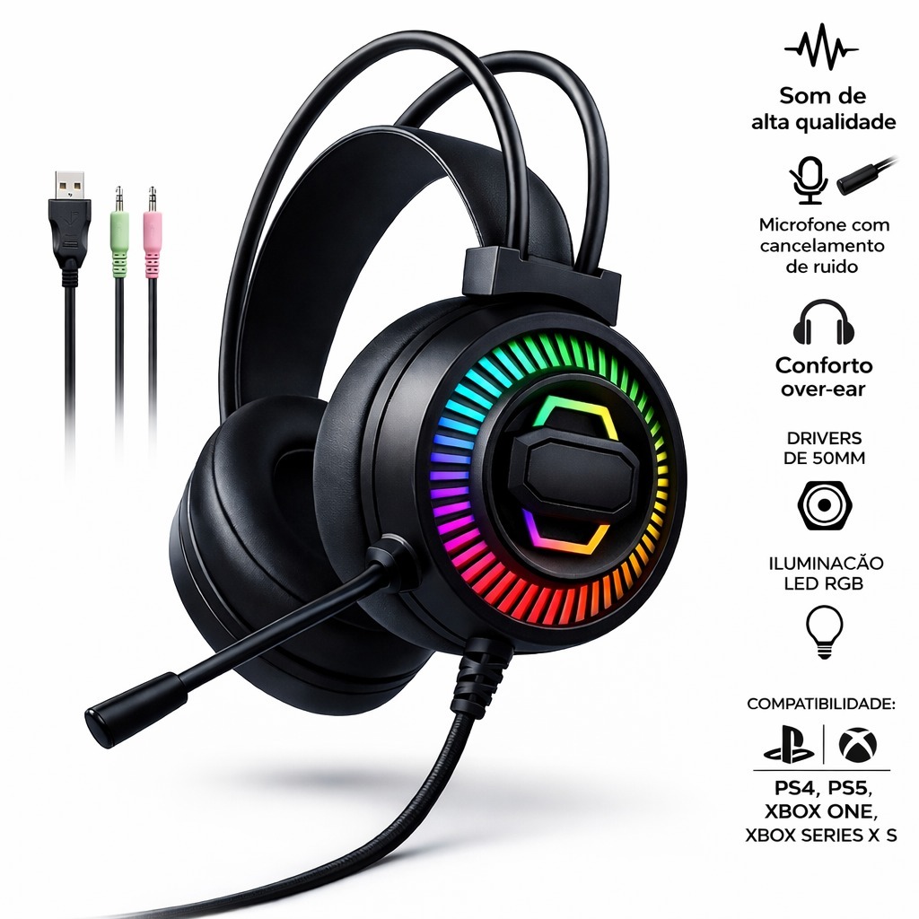 Headset Gamer Com Microfone Fone de Ouvido Estéreo LED Confortável PC PS4 PS5 Xbox Celular