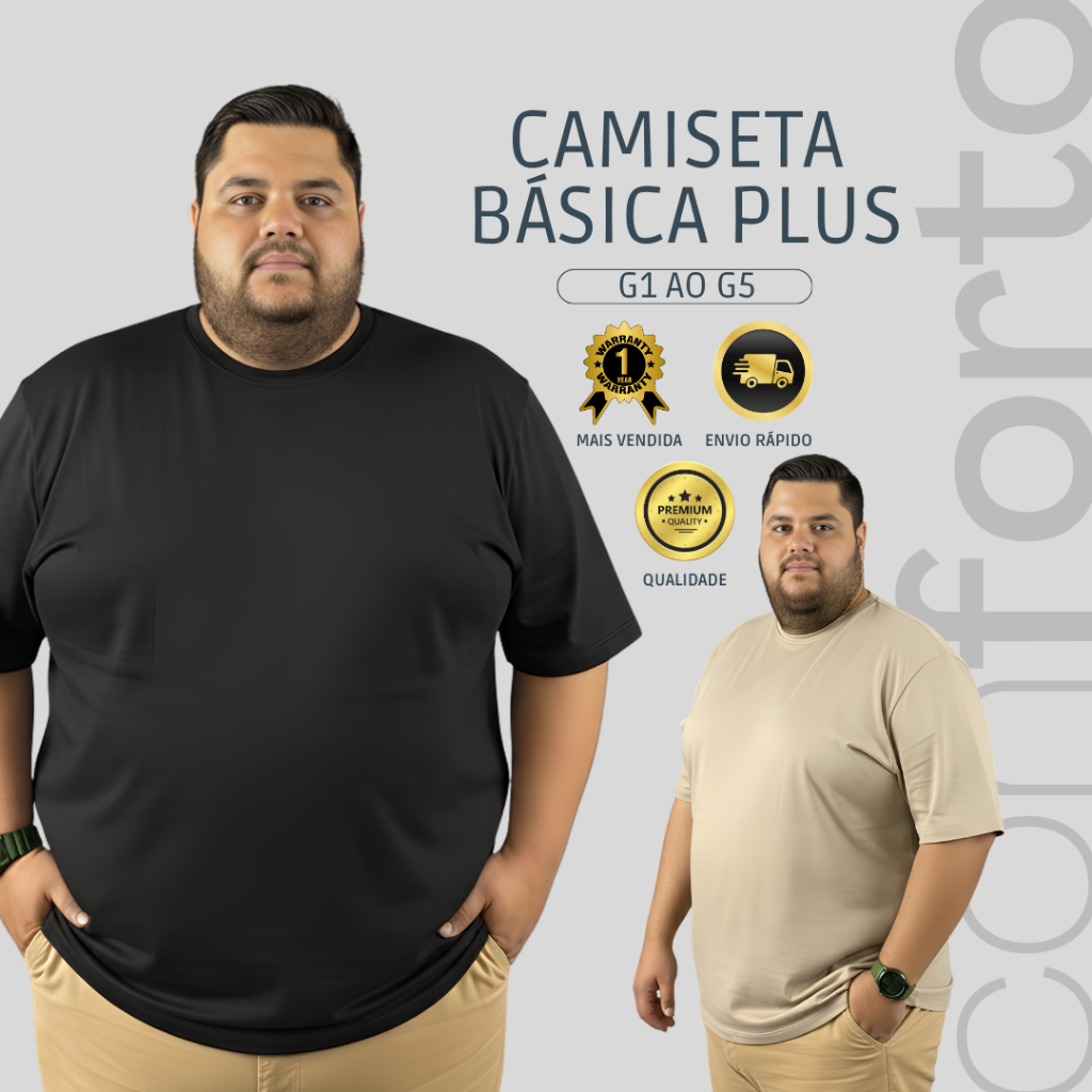 Camiseta Masculina Plus Size G1 ao G5. 100% Algodão Penteado Manga Curta Premium, casual, passeio