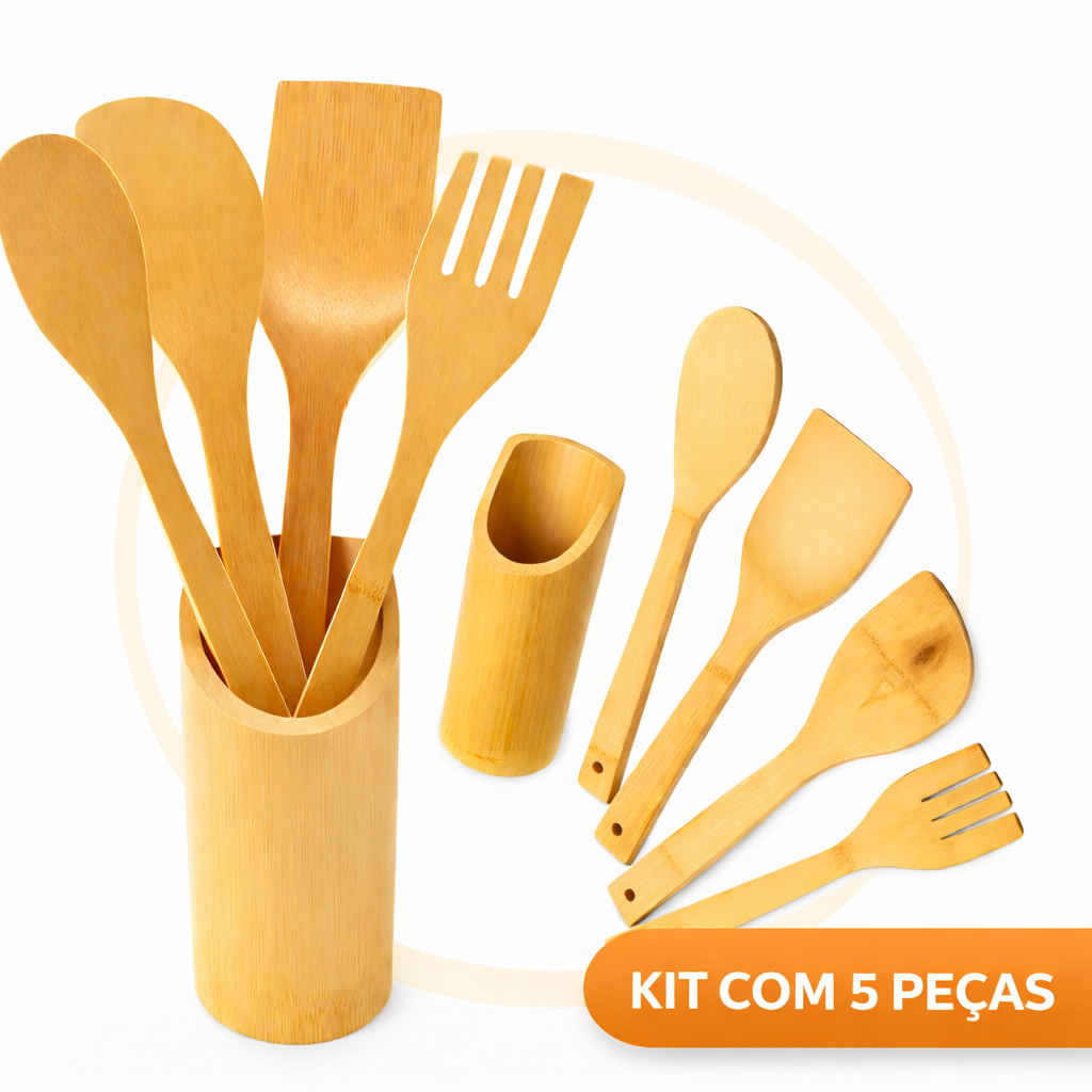 Utensilios Para Cozinha Em Bambu Casa Cozinha Colheres Escumadeira Kit Com 5 Peças Anti Fungos