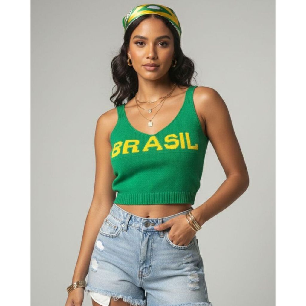 Regata Cropped Feminino Blusinha Brasil Tricot Modal Decote U Alcinha Moda Verão Carnaval Copa