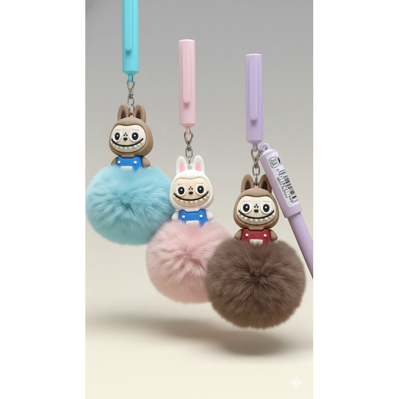 Caneta Capivara  e La*bubu com Chaveiro Pompom Pelúcia Fofa Kawaii Escrita Macia Preta Papelaria Criativa