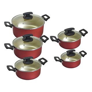 Jogo 5 Panelas Caçarola CherryCream Com Tampa de Vidro Vermelho em Oferta na Shopee