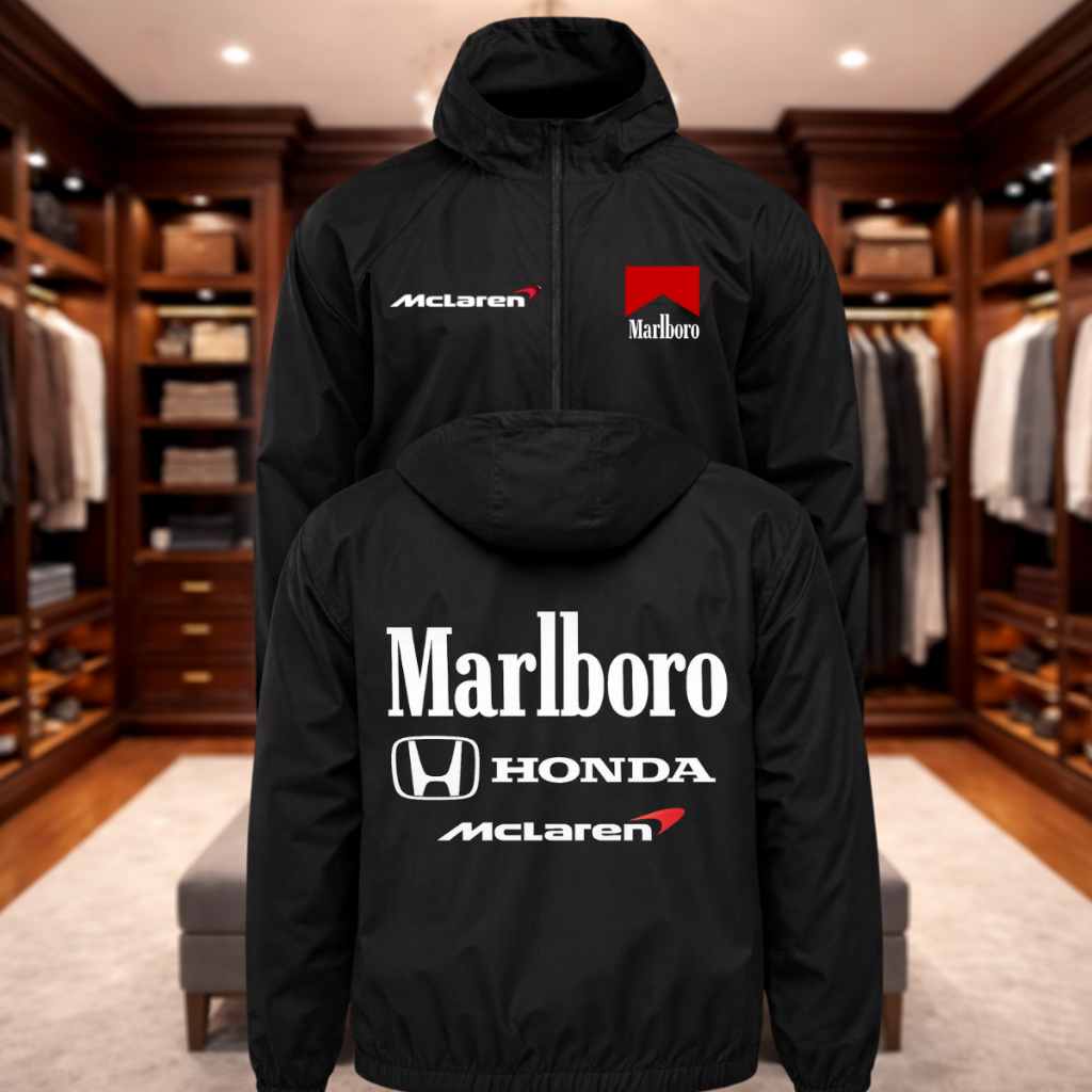 Corta Vento Masculino F1 Marlboro Impermeável Jaqueta Leve com Capuz Tecido Premium Bolso Interno