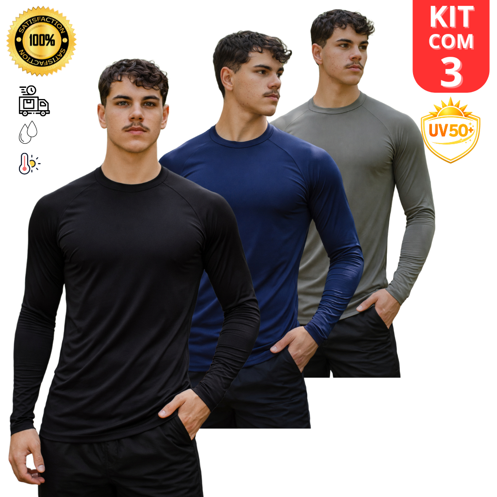 Kit 3 Camisa Poliamida Uv50+ Manga Longa Masculina Compressão Térmica Slim Fit Anti Odor Segunda Pele Raglan