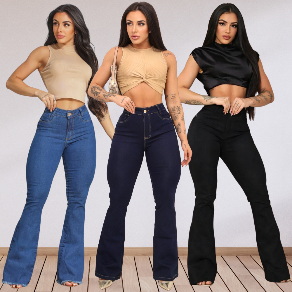 Calça Jeans Flare Feminina Cintura Alta Lycra Empina Bumbum Boca de Sino Premium