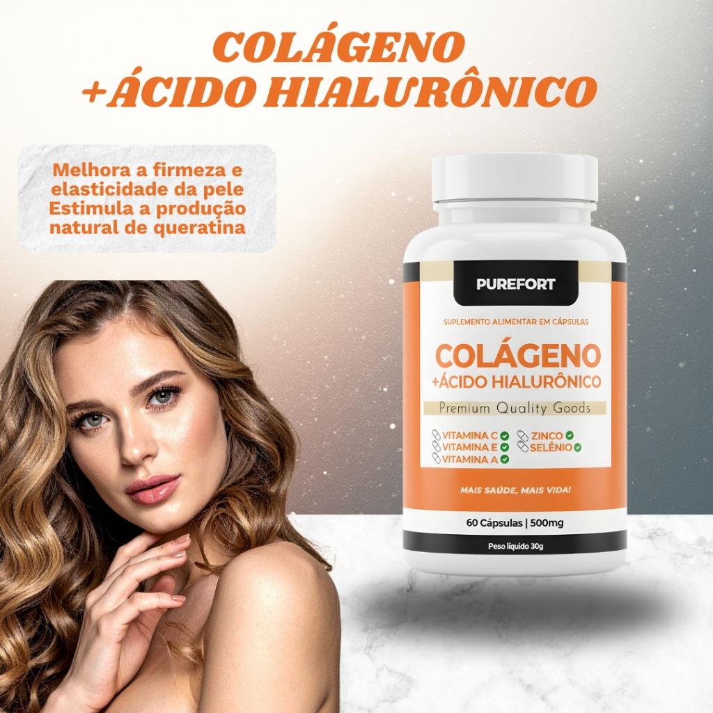 COLÁGENO + ÁCIDO HIALURÔNICO PUREFORT Suplemento Alimentar 60 cápsulas 500mg em Oferta na Shopee