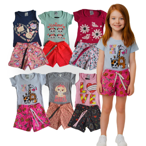 Kit de 4 ou 8 Peças Roupa Infantil Menina 4 Camisetas e 4 Shorts Conjunto Infantil Feminina Verão