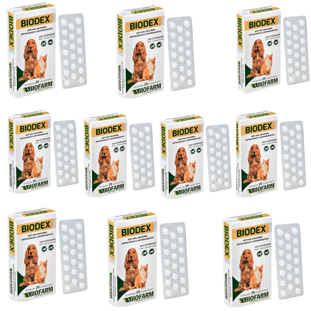 Biodex - 10 Blister com 20 Comprimidos cada - Anti-Inflamatório, Antialergico, Antireumático para Cães e Gatos
