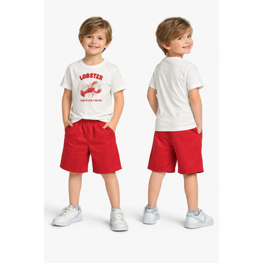 Conjunto Infantil Masculino Camiseta Algodão + Bermuda Moletom Bolso Estampa Lagosta Verão