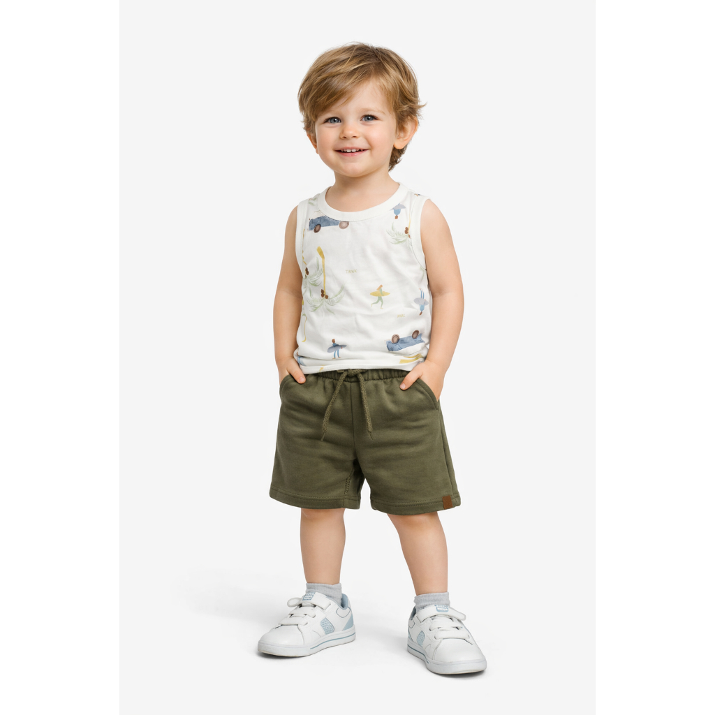 Conjunto Infantil Masculino Regata + Bermuda Moletom Bolso Faca Algodão Verde Estampado Verão