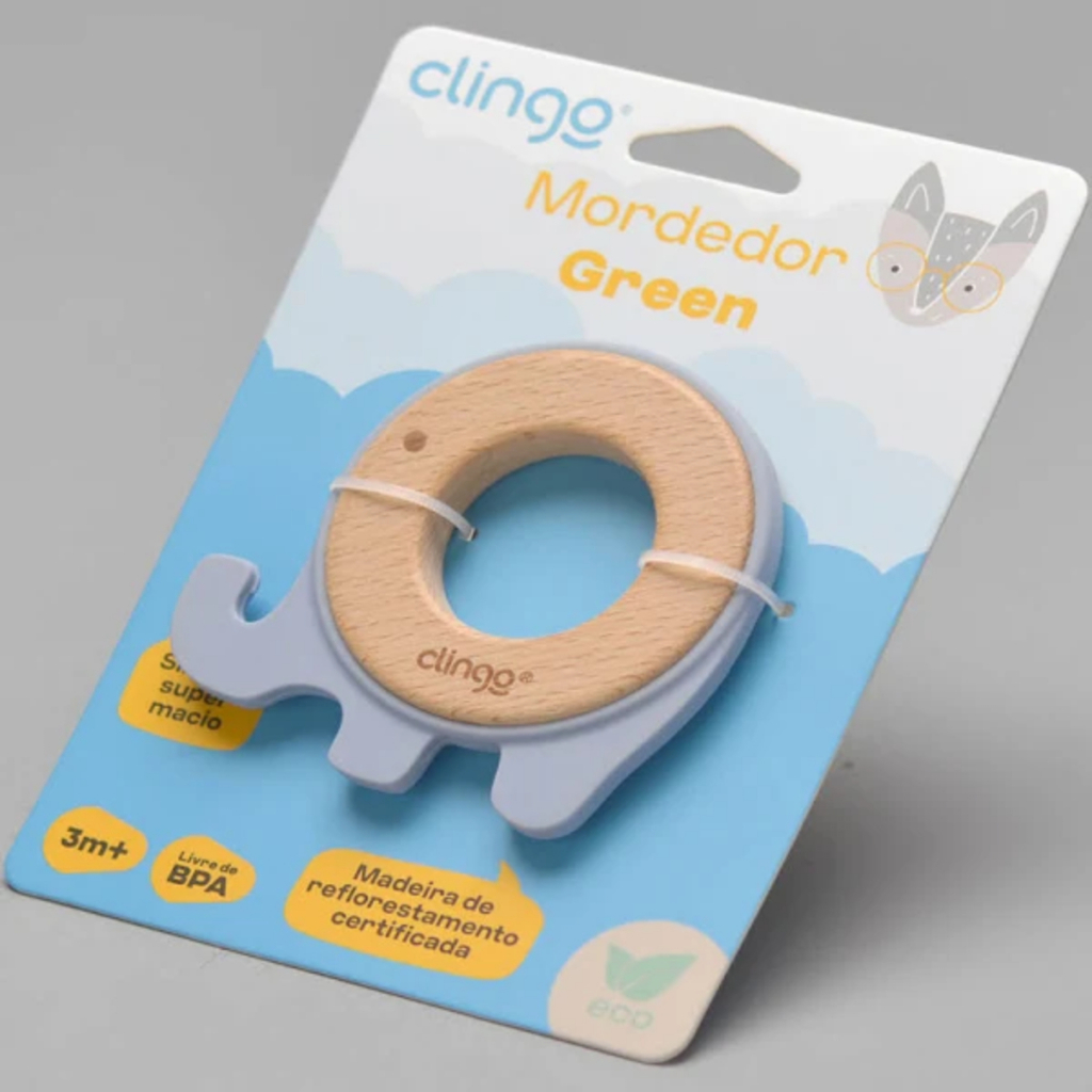Mordedor Bebê Clingo Silicone e Madeira BPA Free Sensorial Dentição Infantil 3m+ Seguro