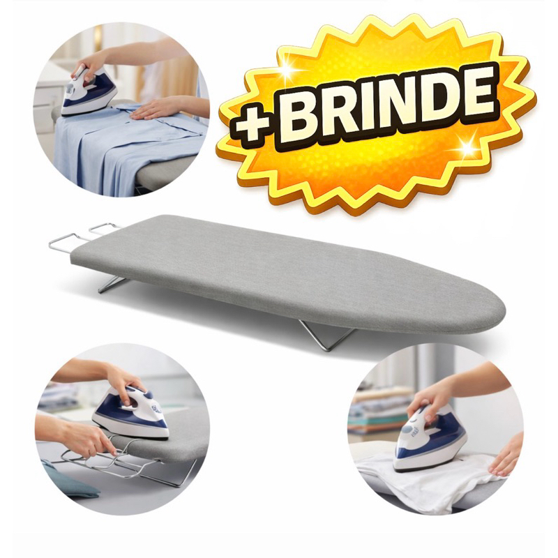 Imagem Tabua De Passar Roupa Cinza Portátil Com Os Pés Dobráveis E Mesa Com Porta Ferro Retrátil + BRINDE