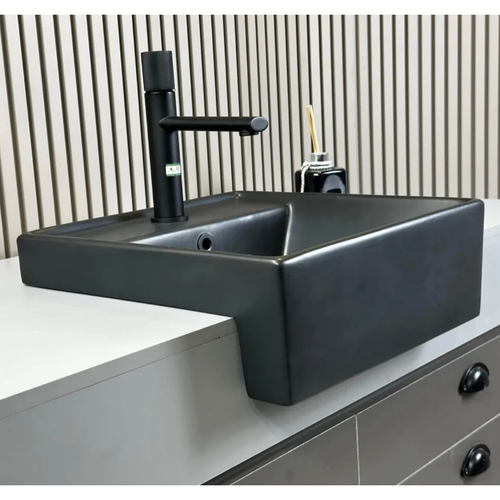 Cuba 40x40 Porcelana Louça Preta Fosca Semi-Encaixe Nahi com Válvula de Click Banheiro Lavabo