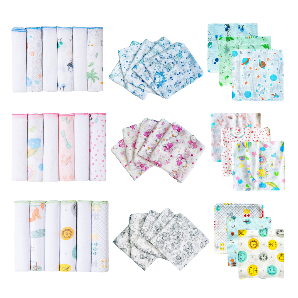 kit 14 Peças Enxoval Bebê 6 Paninhos De Boca 5 Fraldas De Pano 3 Cueiros Flanelados 100% Algodâo