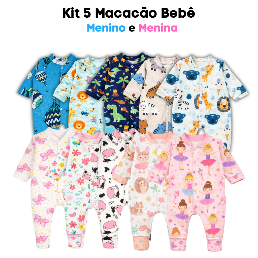 Kit 5 Macacão Estampado para Bebê - 100% algodão - Roupas para Bebê Menino e Menina P/M/G em Oferta na Shopee