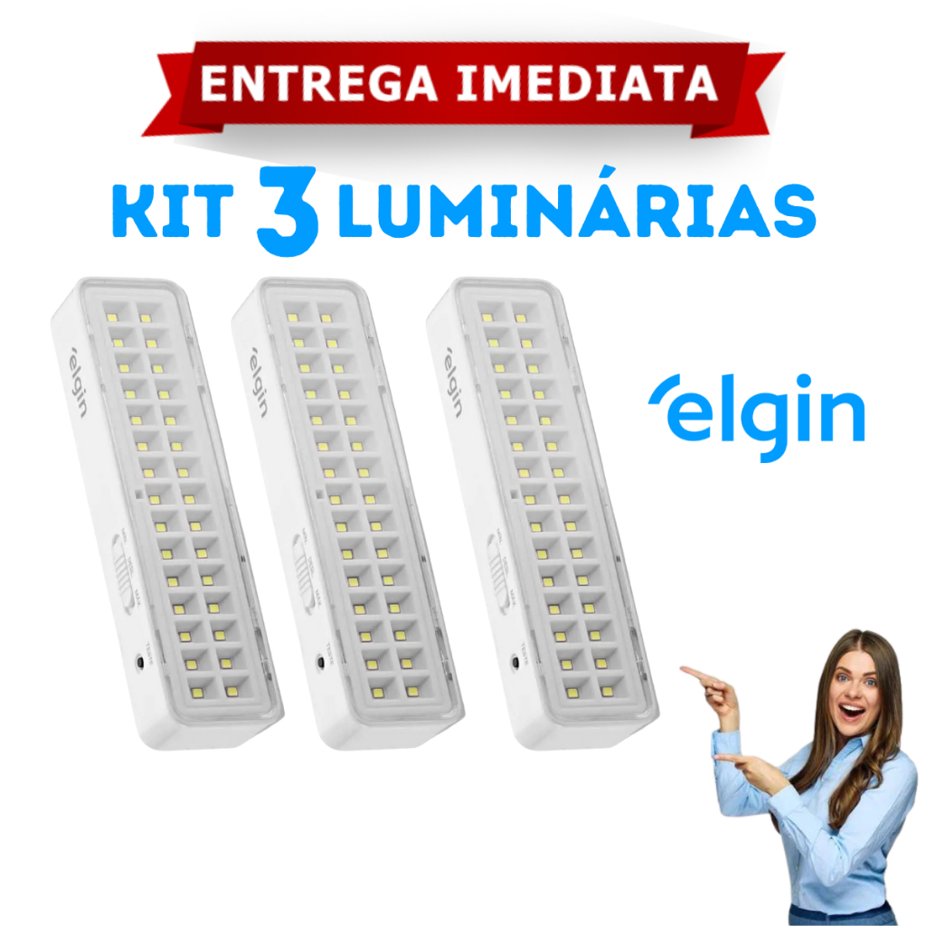 Kit 3 Luminária de Emergência 30 Leds Lampada Recarregável Bivolt Elgin